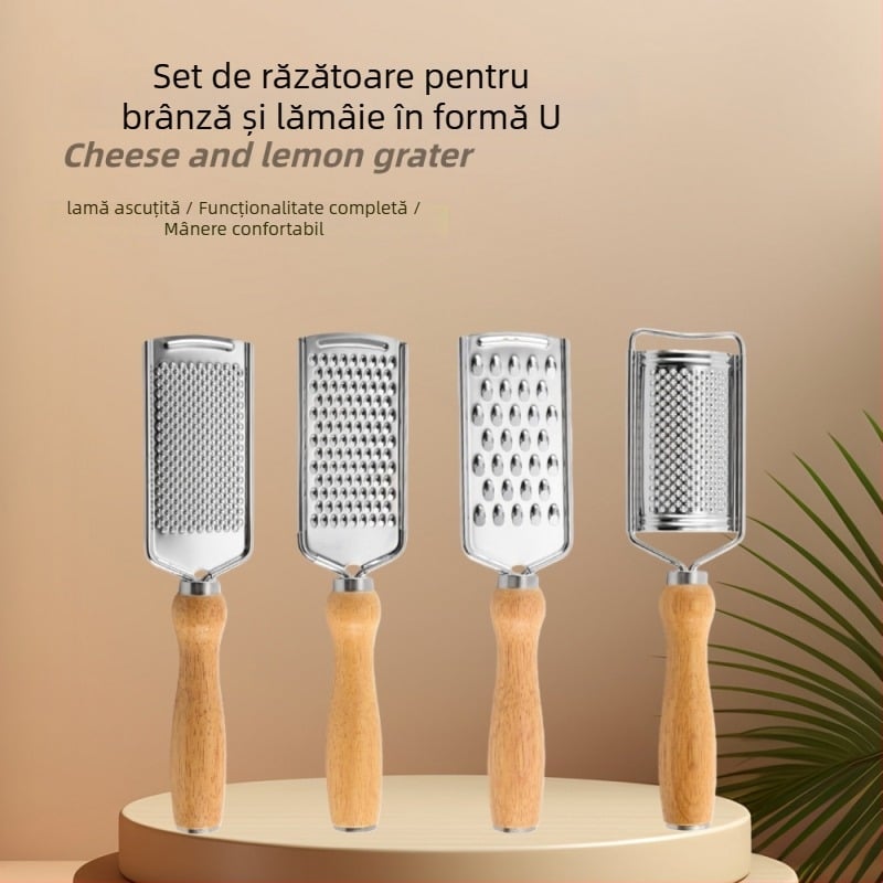 Râzător multifuncțional cu mâner rotund din stejar – oțel inoxidabil, pentru brânză, ghimbir și lămâie