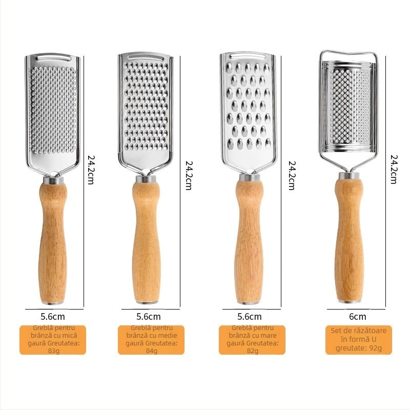Râzător multifuncțional cu mâner rotund din stejar – oțel inoxidabil, pentru brânză, ghimbir și lămâie