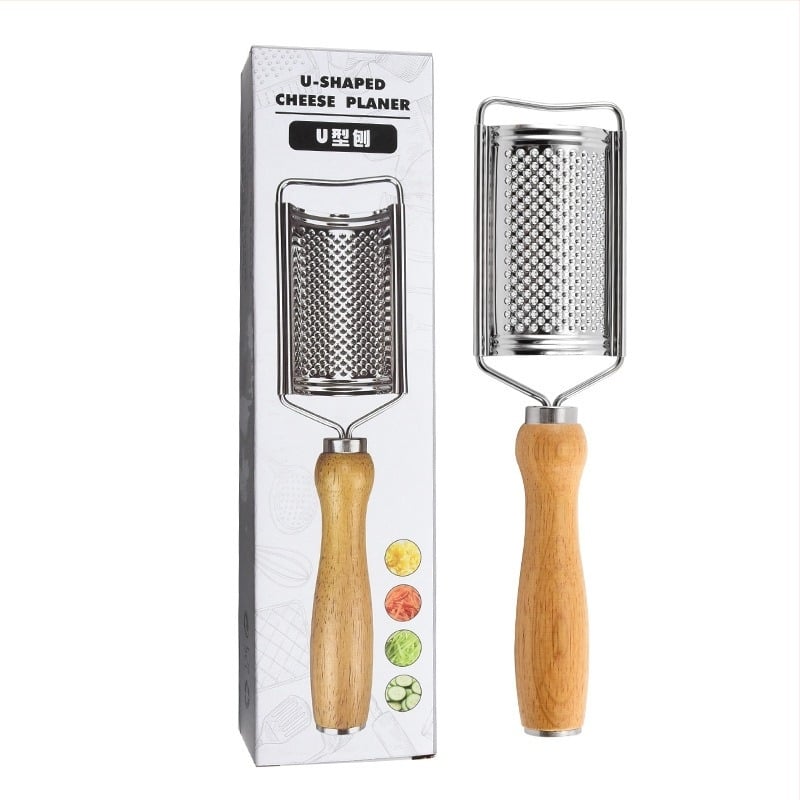 Râzător multifuncțional cu mâner rotund din stejar – oțel inoxidabil, pentru brânză, ghimbir și lămâie