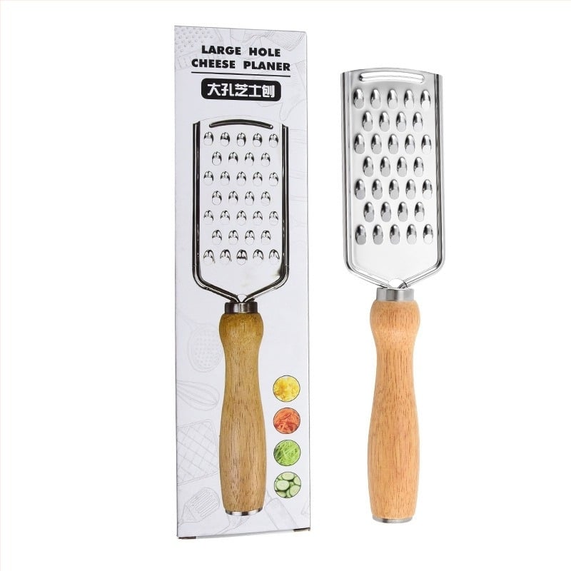 Râzător multifuncțional cu mâner rotund din stejar – oțel inoxidabil, pentru brânză, ghimbir și lămâie