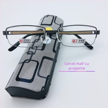 Ochelari de citit cu ramă din metal, semi-cadru și lentile acoperite; lentile din rășină; protecție UV, anti-lumină albastră, lentile asferice; formă pătrată, stil business; pentru bărbați; lansat în 2016.