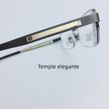 Ochelari de citit cu ramă din metal, semi-cadru și lentile acoperite; lentile din rășină; protecție UV, anti-lumină albastră, lentile asferice; formă pătrată, stil business; pentru bărbați; lansat în 2016.