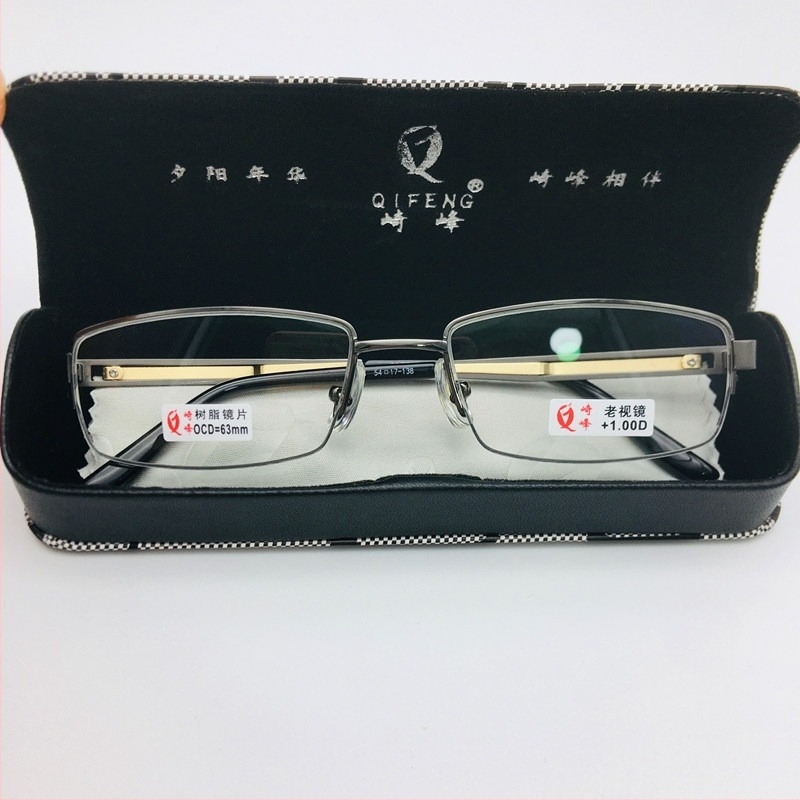 Ochelari de citit cu ramă din metal, semi-cadru și lentile acoperite; lentile din rășină; protecție UV, anti-lumină albastră, lentile asferice; formă pătrată, stil business; pentru bărbați; lansat în 2016.