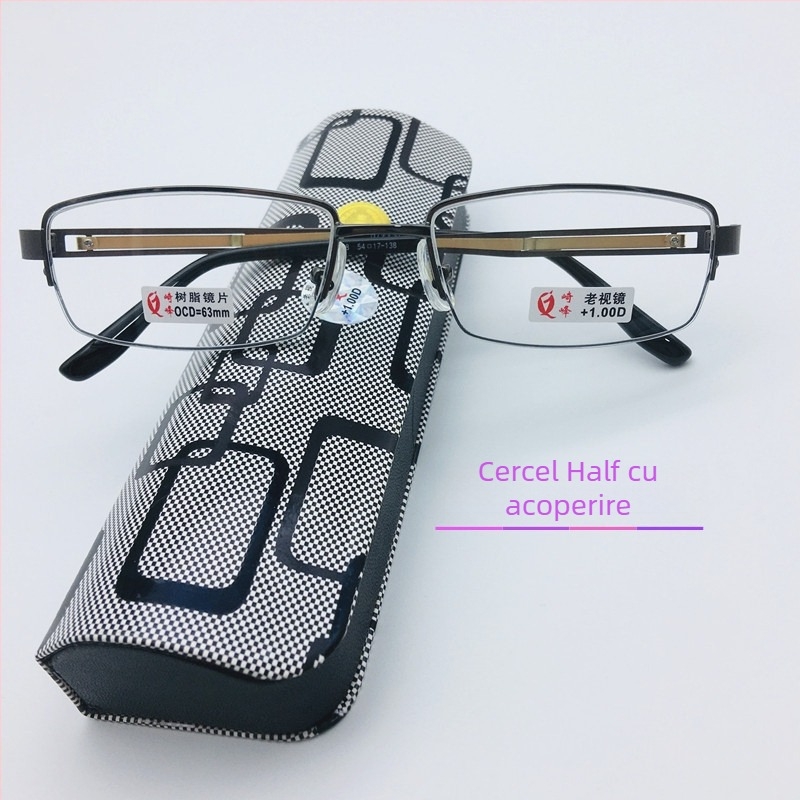 Ochelari de citit cu ramă din metal, semi-cadru și lentile acoperite; lentile din rășină; protecție UV, anti-lumină albastră, lentile asferice; formă pătrată, stil business; pentru bărbați; lansat în 2016.