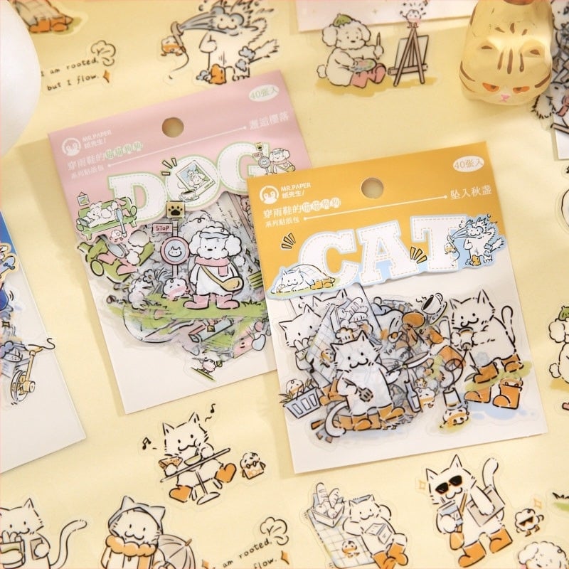 Set de stickere de desen animat pentru decorarea jurnalului: pisici și câini în cizme de ploaie, autocolante DIY decorative