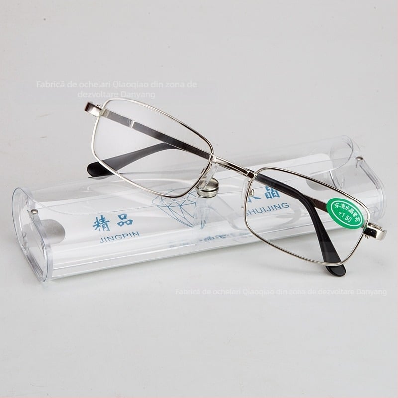 Ochelari de citit, ramă completă, formă pătrată, stil vintage, lentile din sticlă, ramă din metal