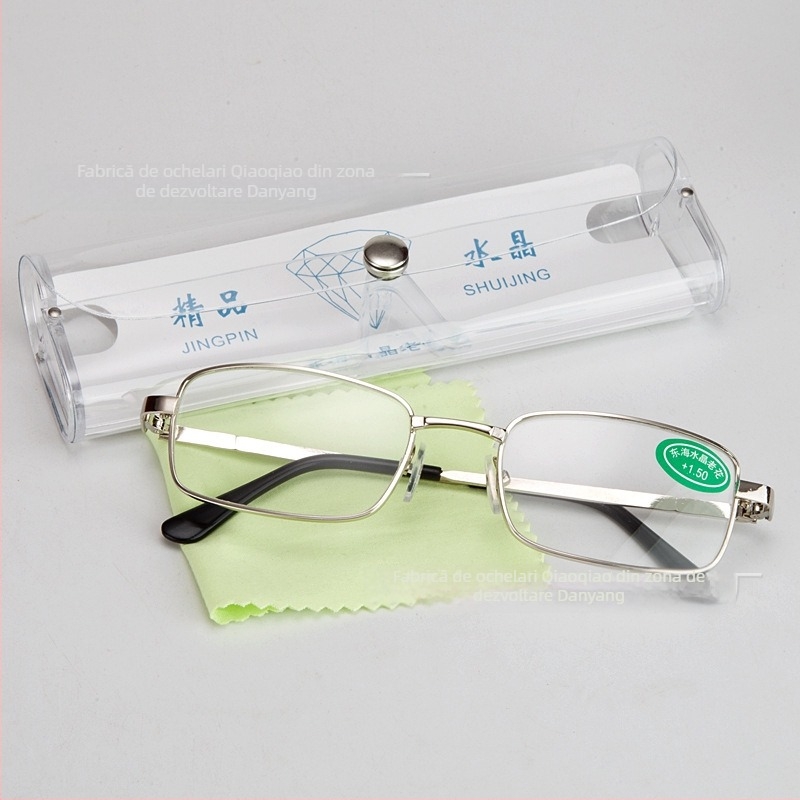 Ochelari de citit, ramă completă, formă pătrată, stil vintage, lentile din sticlă, ramă din metal