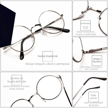 Ochelari de lectură cu ramă rotundă, lentile din rășină, multifocali cu protecție împotriva luminii albastre, ramă completă din placă și metal, stil de afaceri elegant minimalist