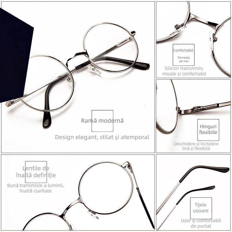 Ochelari de lectură cu ramă rotundă, lentile din rășină, multifocali cu protecție împotriva luminii albastre, ramă completă din placă și metal, stil de afaceri elegant minimalist