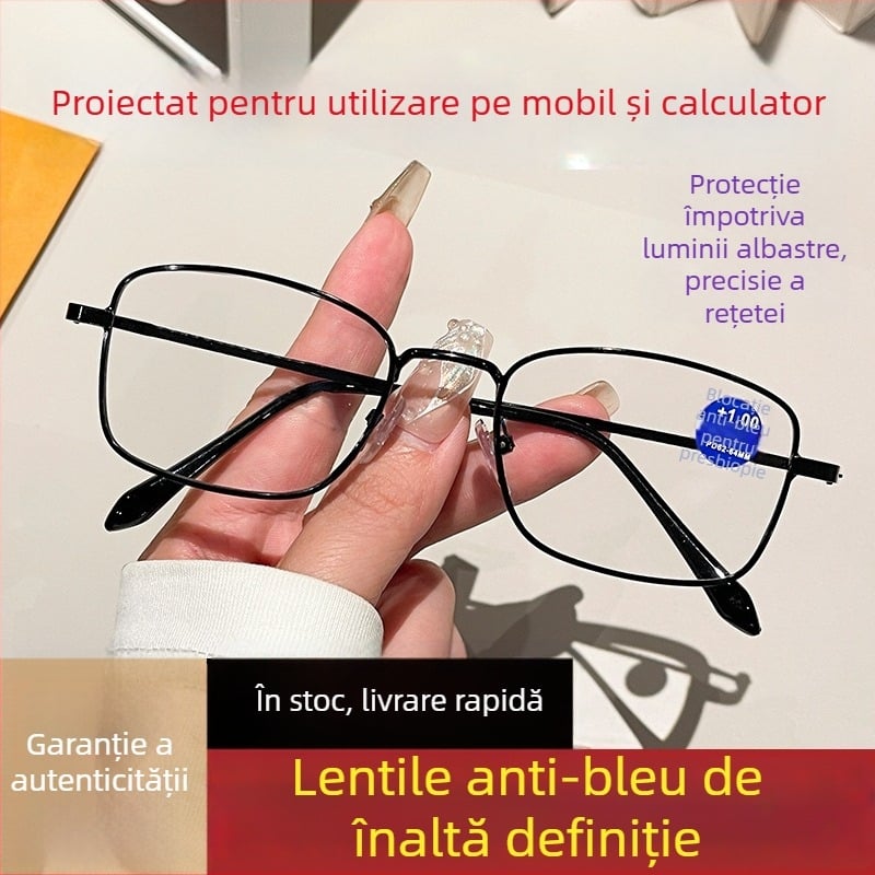 Ramă ochelari de citit anti-lumină albastră, pătrată, cadru complet din metal