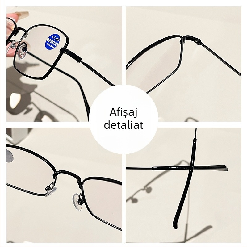 Ramă ochelari de citit anti-lumină albastră, pătrată, cadru complet din metal
