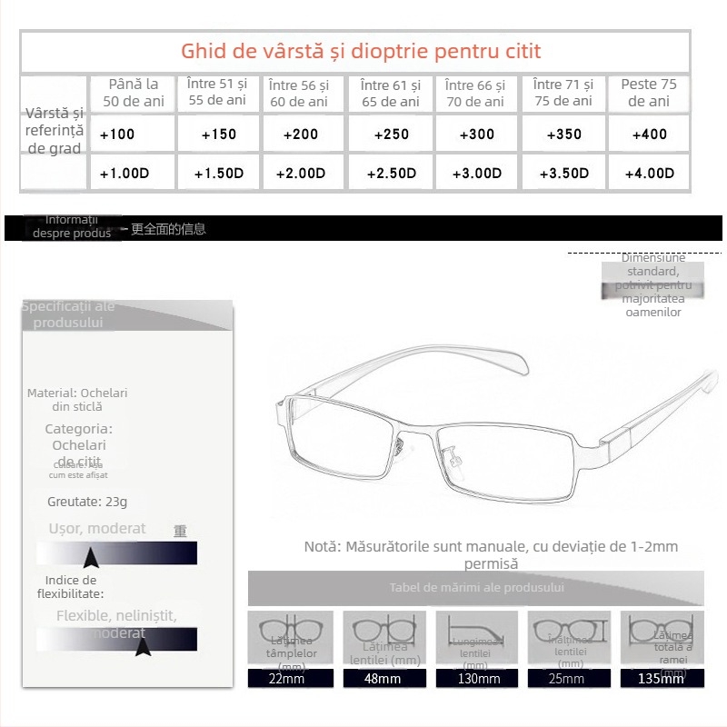 Ochelari de citit pliabili cu lentile din sticlă, ramă metalică cu cadru complet, formă ovală, universali pentru toate formele feței