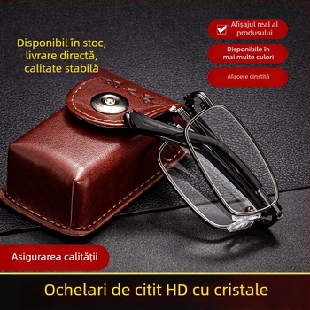 Ochelari de citit cu lentile de cristal, ramă metalică cu cadru complet, formă pătrată, +1.00–+4.00 dioptrii, protecție împotriva luminii albastre