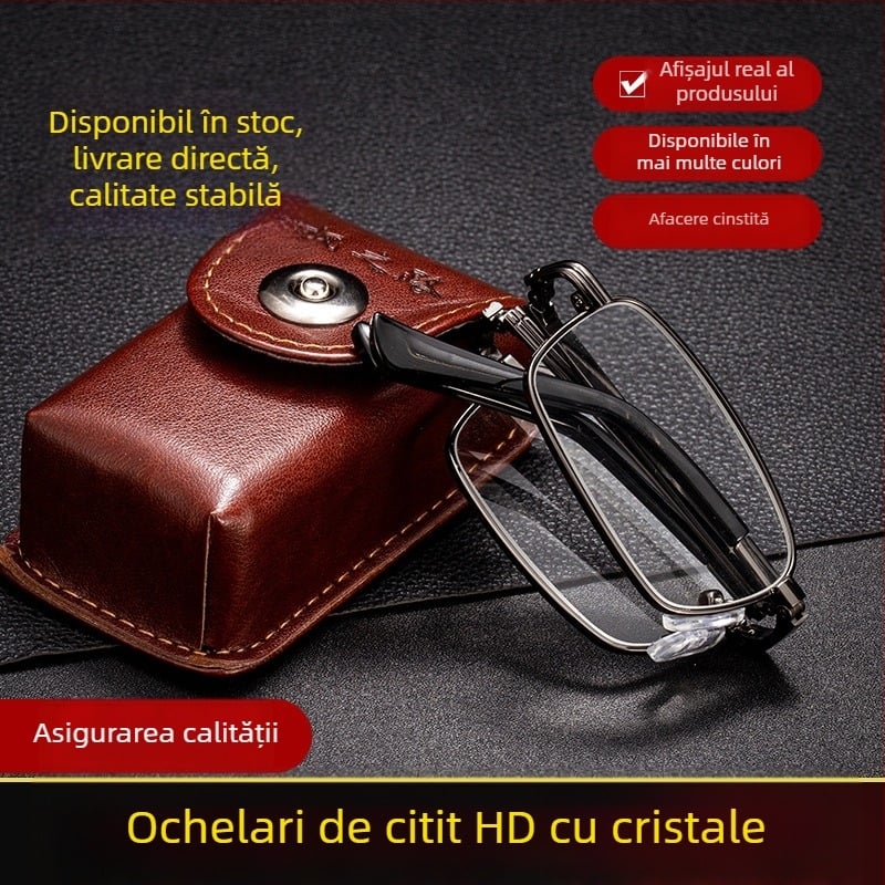 Ochelari de citit cu lentile de cristal, ramă metalică cu cadru complet, formă pătrată, +1.00–+4.00 dioptrii, protecție împotriva luminii albastre