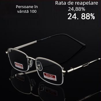 Ochelari de citit, jumătate de ramă ușoară, lentile din rășină, ramă din metal, +100…+400 dioptrii, unisex, adulți