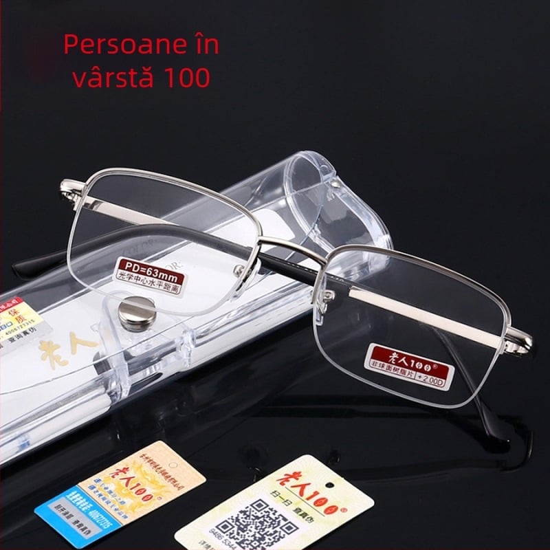Ochelari de citit, jumătate de ramă ușoară, lentile din rășină, ramă din metal, +100…+400 dioptrii, unisex, adulți