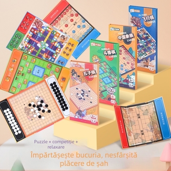 Set magnetic pliabil și portabil de șah pentru copii, cu dame și Gobang, din hârtie, pentru vârsta 7–14 ani.