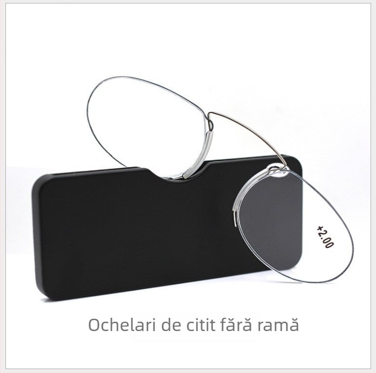 Ochelari de citit fără ramă, formă circulară, lentile din rășină, ramă din nylon, plastic+metal