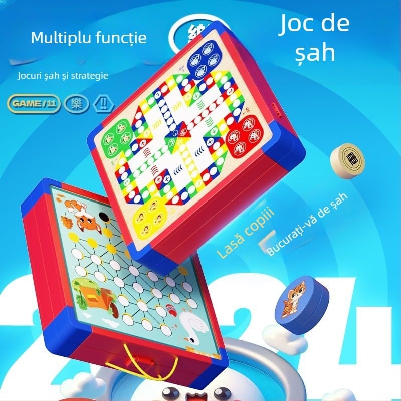 Set de jocuri de masă multifuncțional: șah, șah zburător, șah de aventură; construcție din plastic; cutie cadou de transport; pentru vârste 4–6 ani; luptă multiplayer