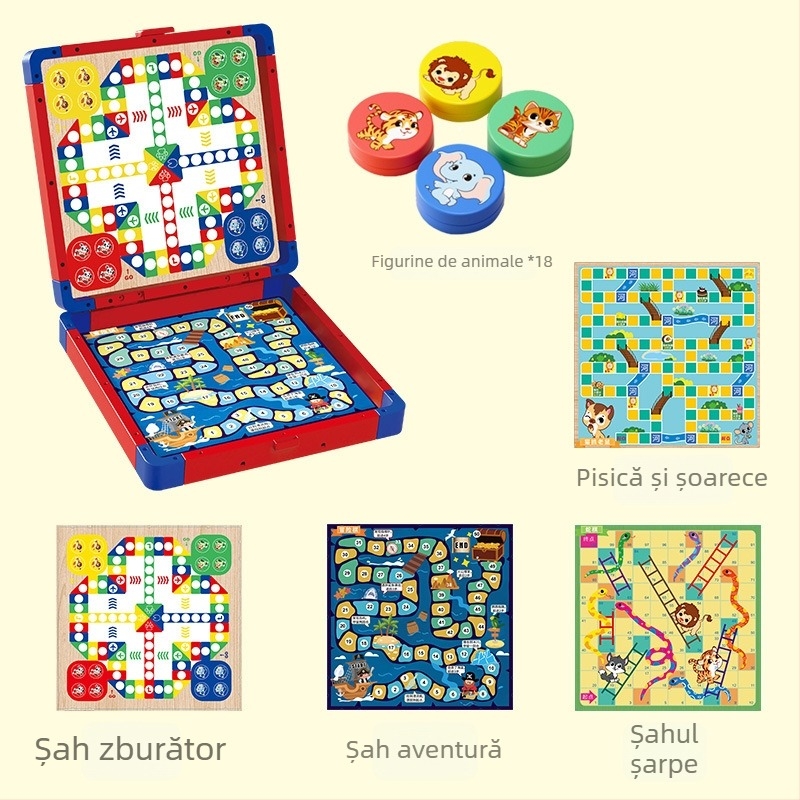 Set de jocuri de masă multifuncțional: șah, șah zburător, șah de aventură; construcție din plastic; cutie cadou de transport; pentru vârste 4–6 ani; luptă multiplayer