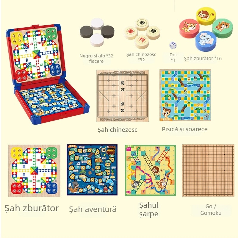 Set de jocuri de masă multifuncțional: șah, șah zburător, șah de aventură; construcție din plastic; cutie cadou de transport; pentru vârste 4–6 ani; luptă multiplayer