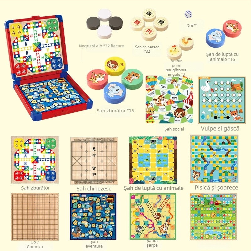 Set de jocuri de masă multifuncțional: șah, șah zburător, șah de aventură; construcție din plastic; cutie cadou de transport; pentru vârste 4–6 ani; luptă multiplayer