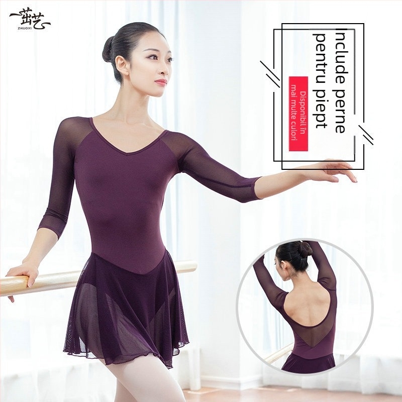 Leotard de balet pentru adulți pentru antrenament, cu mâneci 3/4, panouri din plasă, fără spate, mătase de lapte, croială strânsă cu fustă