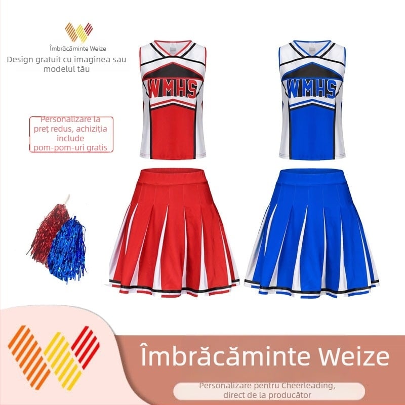 Costum de cheerleading cu fustă și pomponuri, unisex, pentru reprezentații pe scenă, material poliester-elastan