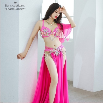 Costum de dans Belly Dance pentru reprezentații cu fustă cu deschidere dublă și croială amplă, chiffon perlat + spandex, 90% poliester, pentru femei