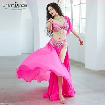 Costum de dans Belly Dance pentru reprezentații cu fustă cu deschidere dublă și croială amplă, chiffon perlat + spandex, 90% poliester, pentru femei