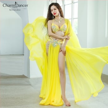 Costum de dans Belly Dance pentru reprezentații cu fustă cu deschidere dublă și croială amplă, chiffon perlat + spandex, 90% poliester, pentru femei
