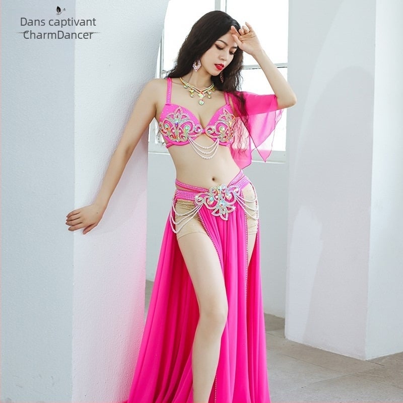 Costum de dans Belly Dance pentru reprezentații cu fustă cu deschidere dublă și croială amplă, chiffon perlat + spandex, 90% poliester, pentru femei