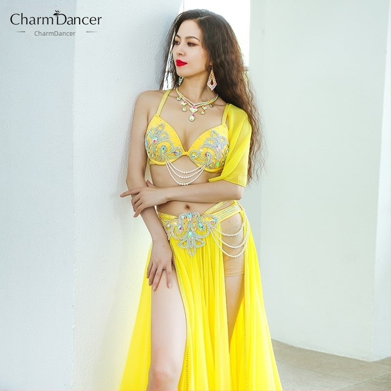 Costum de dans Belly Dance pentru reprezentații cu fustă cu deschidere dublă și croială amplă, chiffon perlat + spandex, 90% poliester, pentru femei