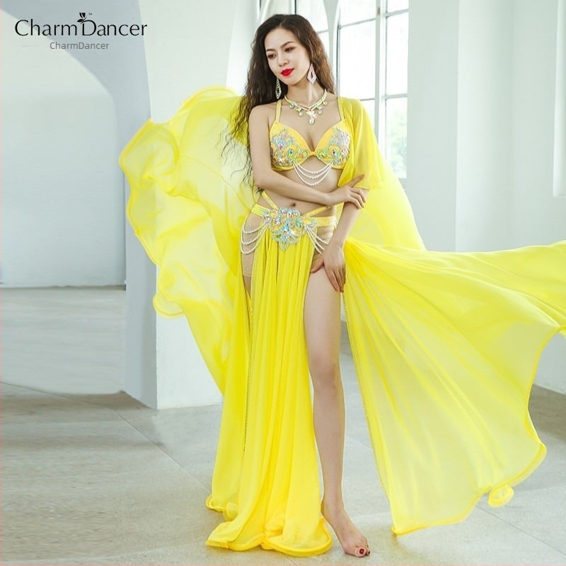 Costum de dans Belly Dance pentru reprezentații cu fustă cu deschidere dublă și croială amplă, chiffon perlat + spandex, 90% poliester, pentru femei