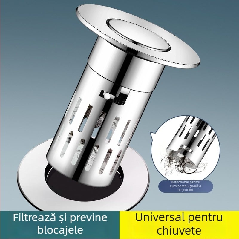 Stopper de scurgere pentru chiuvetă cu apăsare – oțel inoxidabil, filtru de scurgere, standard American