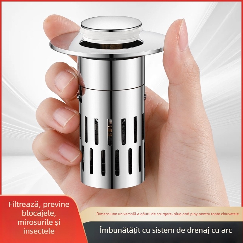 Stopper de scurgere pentru chiuvetă cu apăsare – oțel inoxidabil, filtru de scurgere, standard American