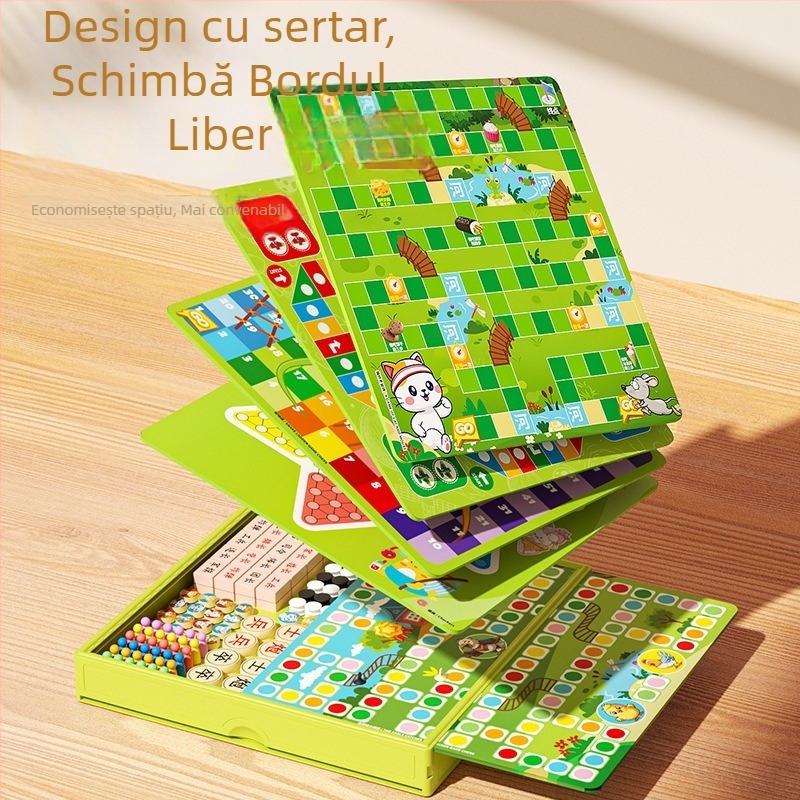 Set portabil 12-in-1 pentru jocuri de masă — construcție din plastic; pentru vârsta 7–14; Flying Chess, Checkers, Sudoku și Go