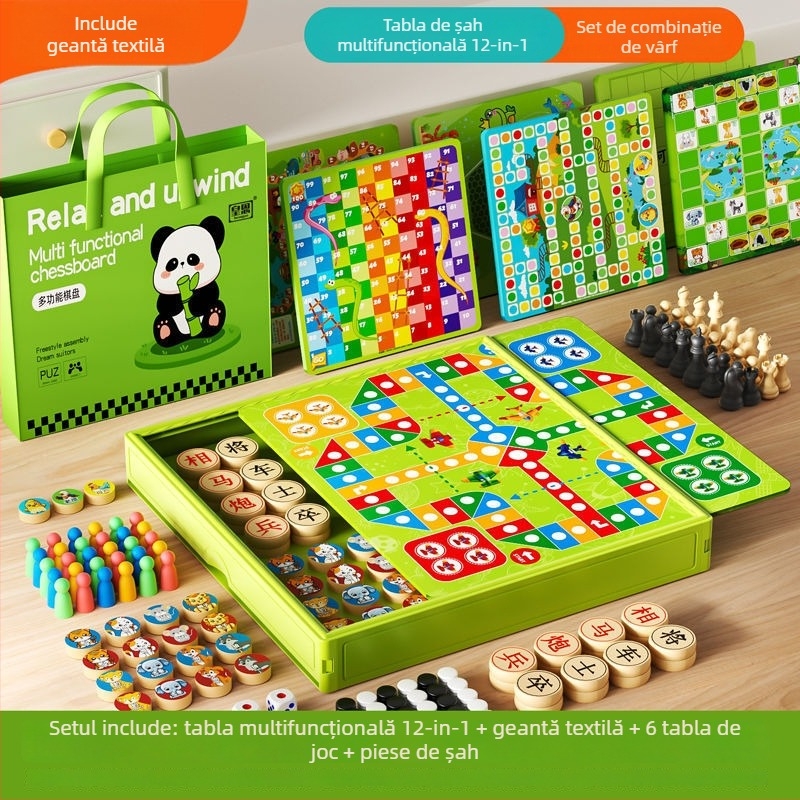 Set portabil 12-in-1 pentru jocuri de masă — construcție din plastic; pentru vârsta 7–14; Flying Chess, Checkers, Sudoku și Go