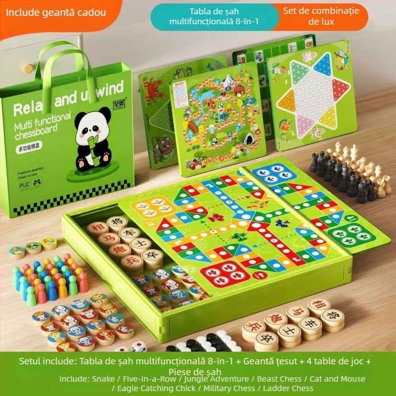 Set portabil 12-in-1 pentru jocuri de masă — construcție din plastic; pentru vârsta 7–14; Flying Chess, Checkers, Sudoku și Go