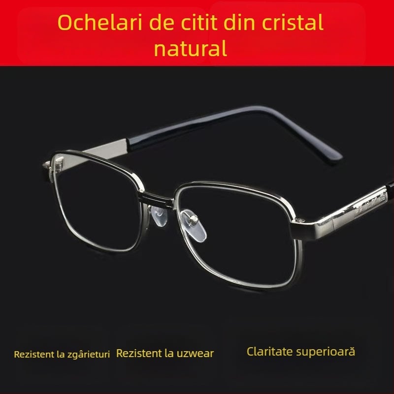 Ochelari de lectură cu lentile din cristal, ramă din aliaj de cupru, lentile rezistente la impact