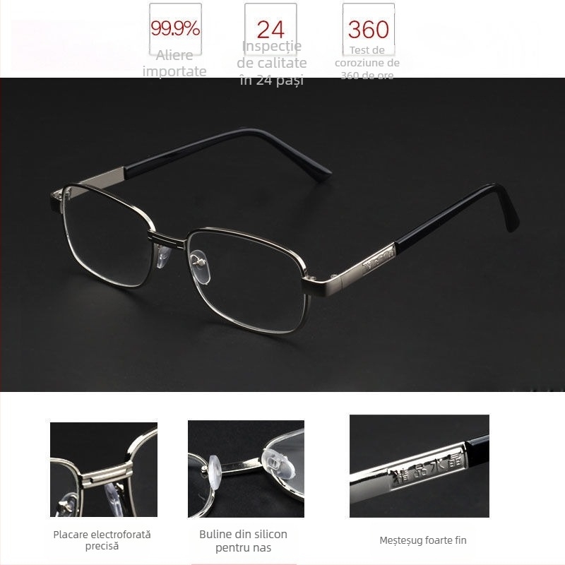 Ochelari de lectură cu lentile din cristal, ramă din aliaj de cupru, lentile rezistente la impact