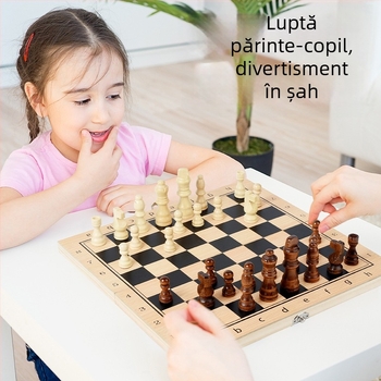 Set 3 în 1 șah și damă din lemn, model MZ-013, ambalare în cutie, de la 14 ani