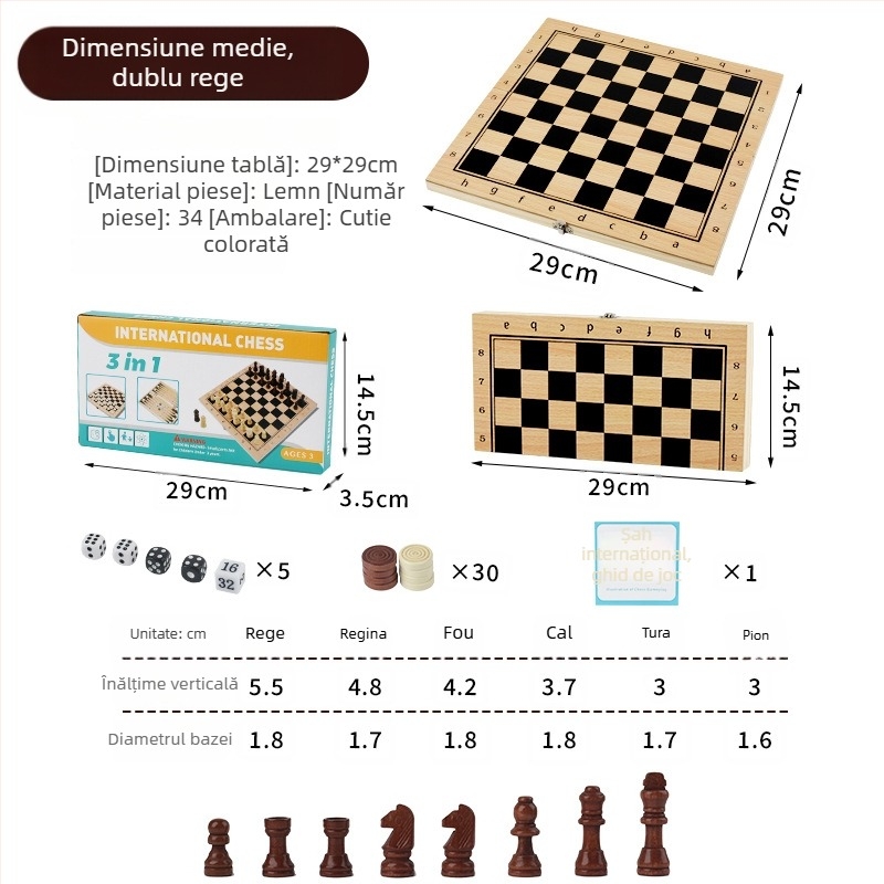 Set 3 în 1 șah și damă din lemn, model MZ-013, ambalare în cutie, de la 14 ani