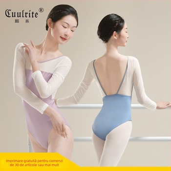 Combinezon balet femei cu spate în formă de U și panouri din plasă, material Lycra/Nylon 75%, pentru adulți, dans balet, primăvară-vară