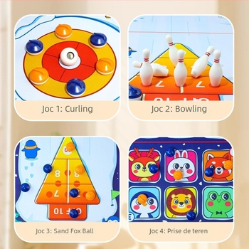 Joc de masă cinci în unu: hochei pe masă, curling și bowling – jucălie de plastic educativă și interactivă pentru copii