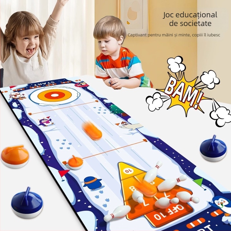 Joc de masă cinci în unu: hochei pe masă, curling și bowling – jucălie de plastic educativă și interactivă pentru copii