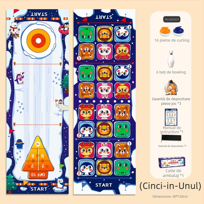 Joc de masă cinci în unu: hochei pe masă, curling și bowling – jucălie de plastic educativă și interactivă pentru copii