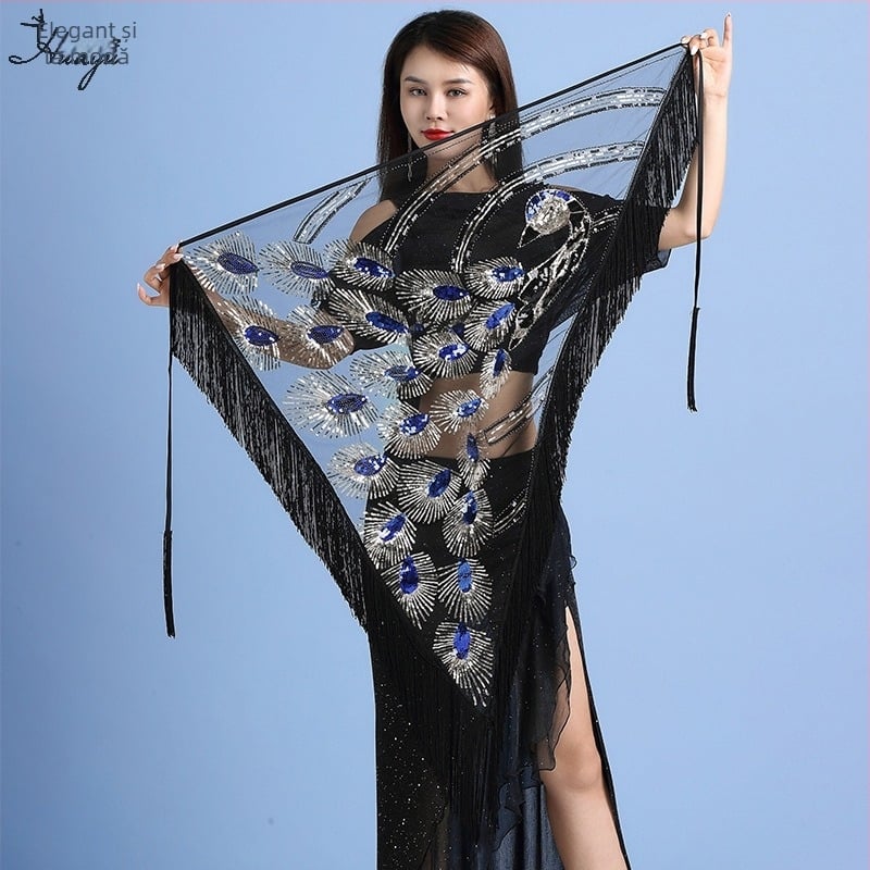 Costum de Belly Dance cu șal triunghiular și franjuri pentru scenă, material nylon, conținut nylon 50-70%, feminin, primăvara 2023