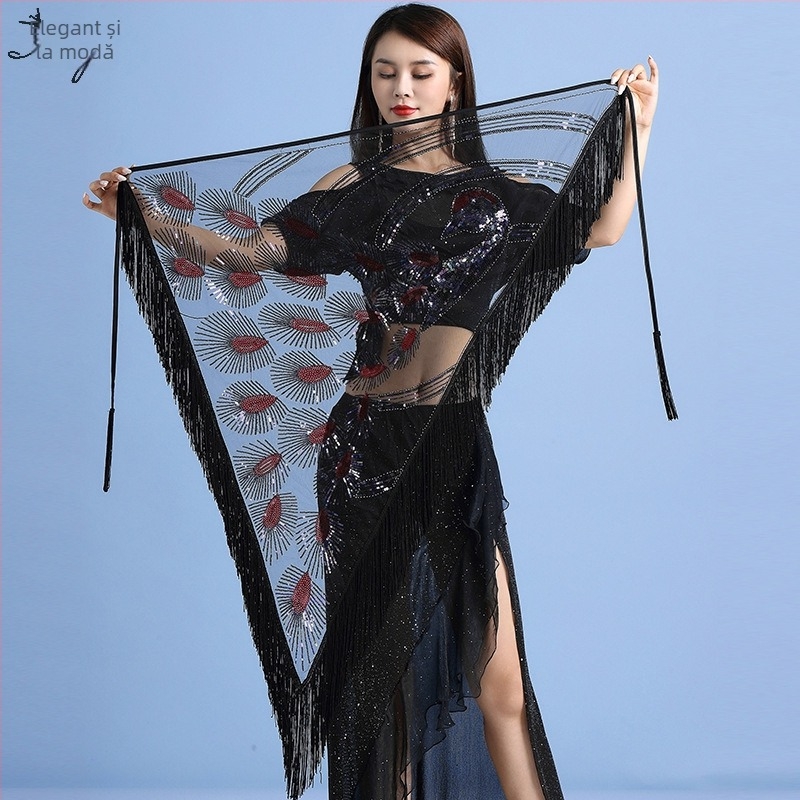 Costum de Belly Dance cu șal triunghiular și franjuri pentru scenă, material nylon, conținut nylon 50-70%, feminin, primăvara 2023