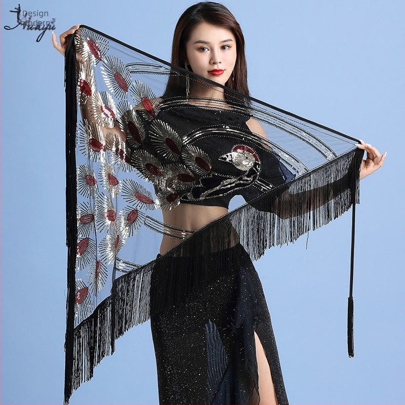 Costum de Belly Dance cu șal triunghiular și franjuri pentru scenă, material nylon, conținut nylon 50-70%, feminin, primăvara 2023